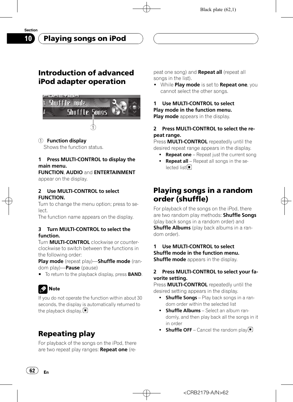Introduction of advanced ipod adapter, Operation, Repeating play | Playing songs in a random order, Shuffle), Introduction of advanced ipod adapter operation, Playing songs in a random order (shuffle), Playing songs on ipod | Pioneer Super Tuner III D DEH-P9850BT User Manual | Page 62 / 104