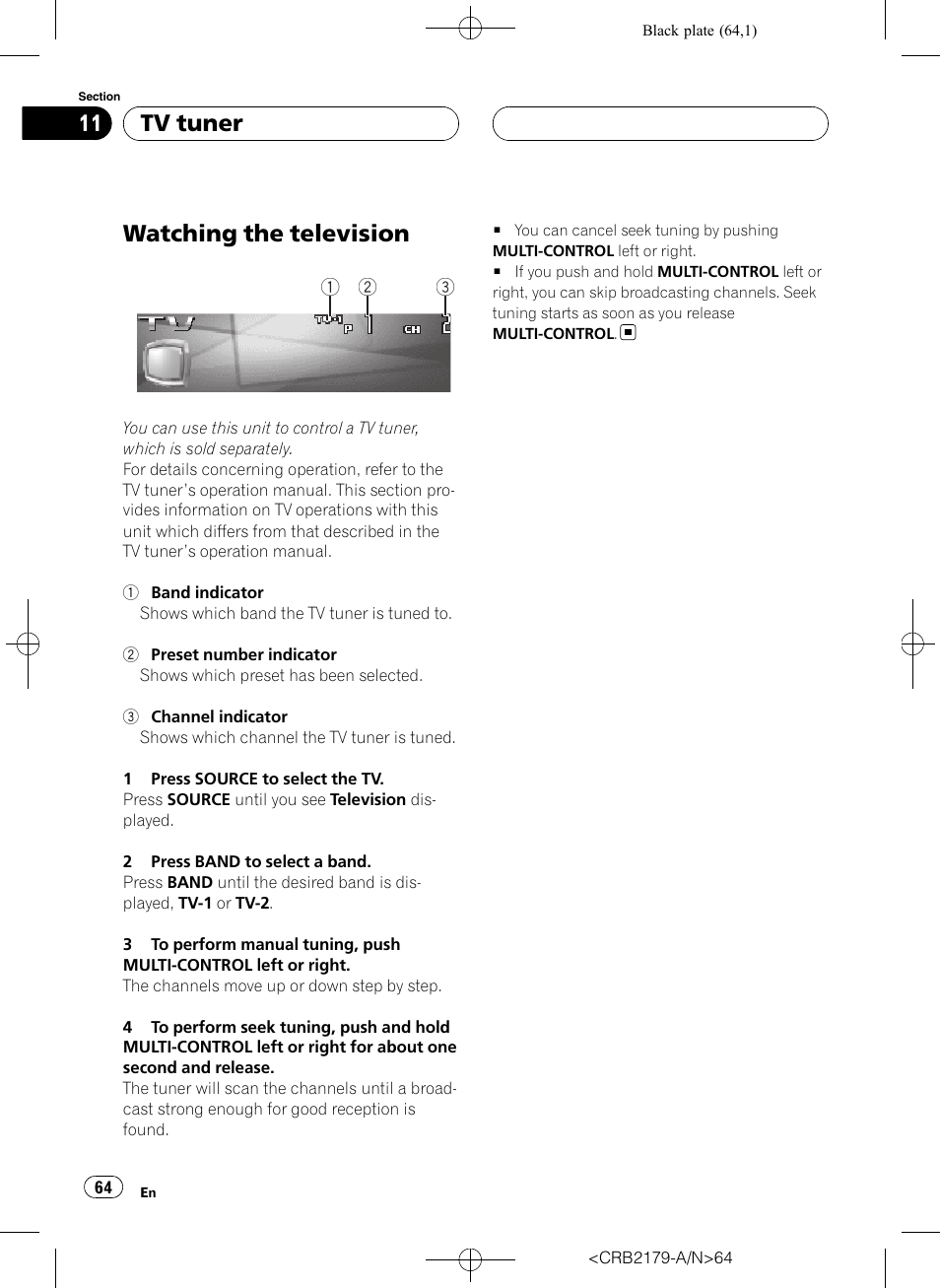 Tv tuner watching the television, Watching the television, Tv tuner | Pioneer Super Tuner III D DEH-P9850BT User Manual | Page 64 / 104