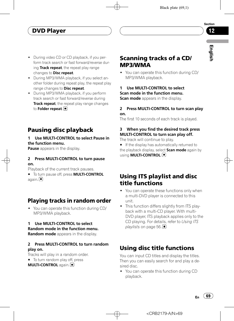 Pausing disc playback, Playing tracks in random order, Scanning tracks of a cd/mp3/wma | Using its playlist and disc title functions, Using disc title functions, Scanning tracks of a cd/ mp3/wma, Dvd player | Pioneer Super Tuner III D DEH-P9850BT User Manual | Page 69 / 104