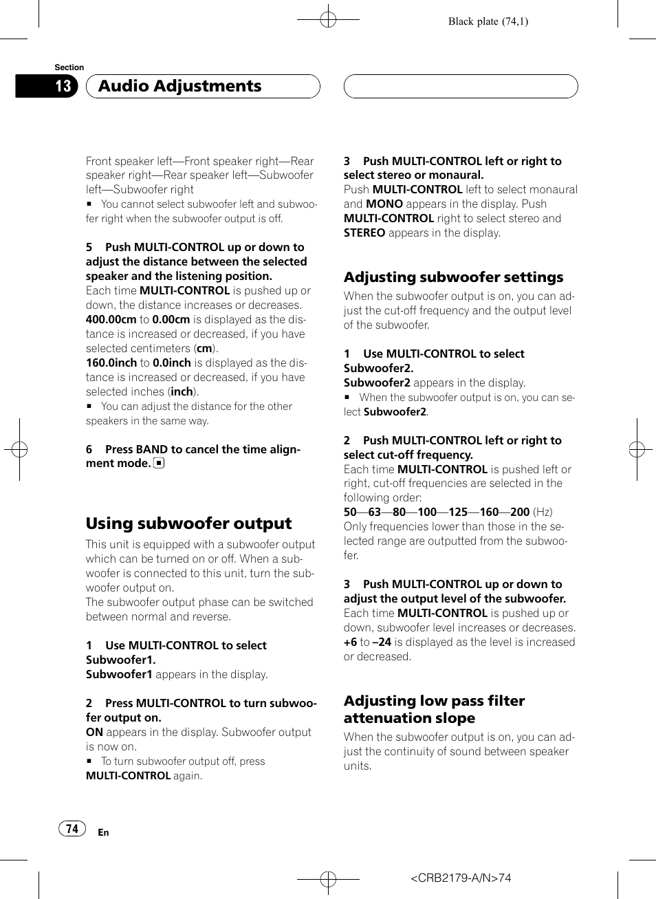 Using subwoofer output, Adjusting subwoofer settings 74, Adjusting low pass filter attenuation | Slope, Adjusting subwoofer settings, Adjusting low pass filter attenuation slope, Audio adjustments | Pioneer Super Tuner III D DEH-P9850BT User Manual | Page 74 / 104