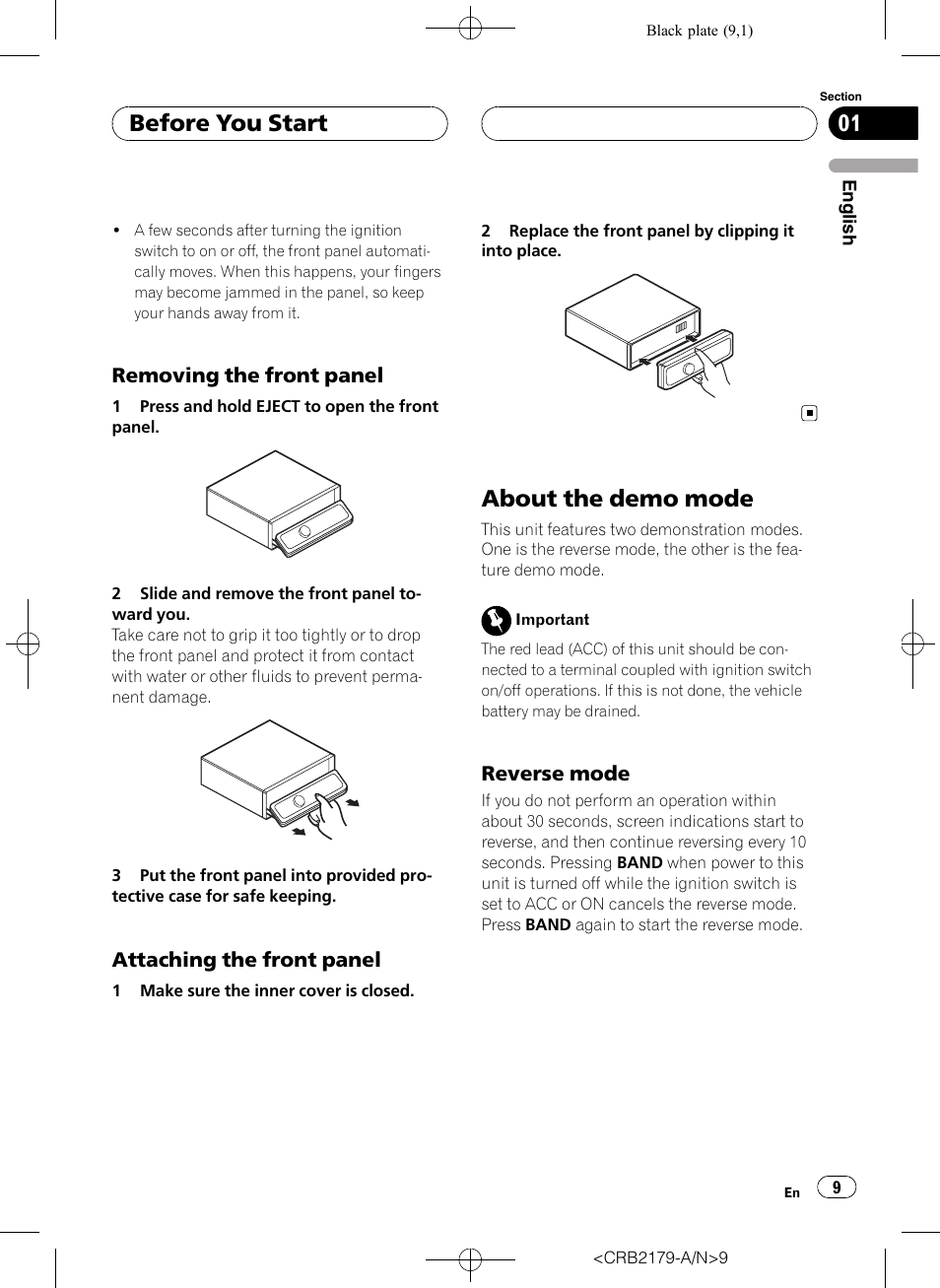 Removing the front panel 9, Attaching the front panel 9, About the demo mode | Reverse mode 9, Before you start | Pioneer Super Tuner III D DEH-P9850BT User Manual | Page 9 / 104
