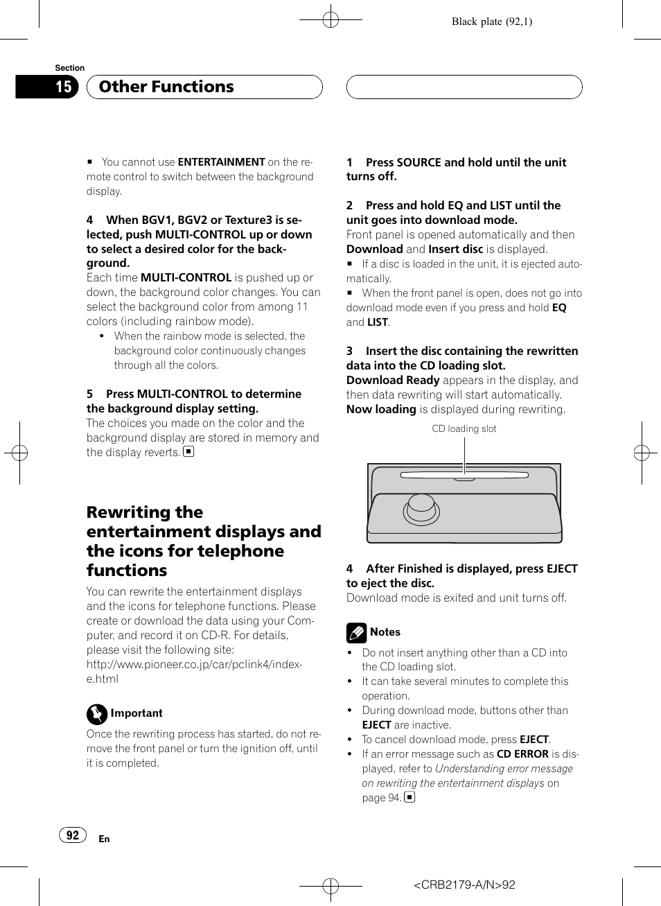 Rewriting the entertainment displays and the, Icons for telephone functions, Other functions | Pioneer Super Tuner III D DEH-P9850BT User Manual | Page 92 / 104