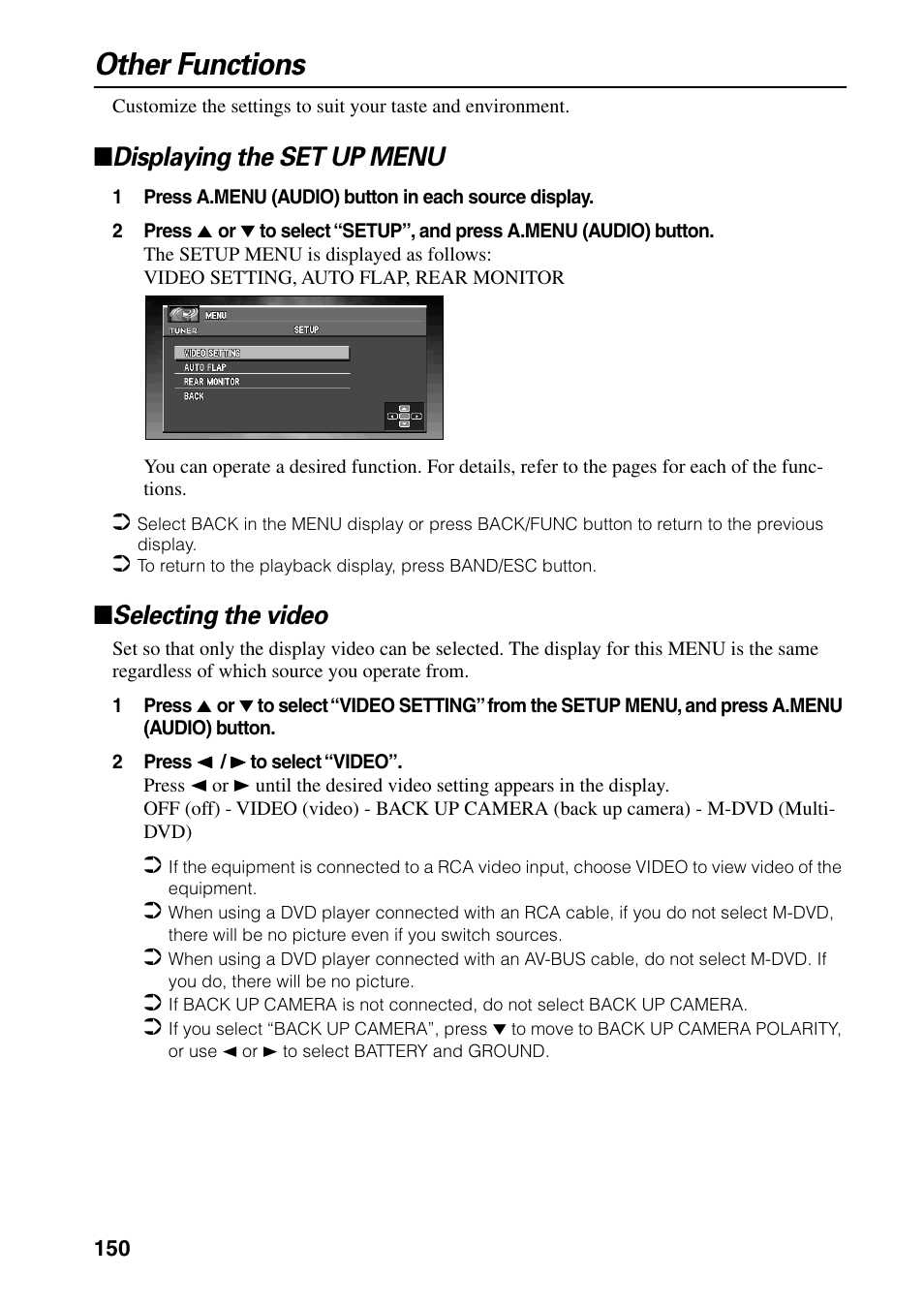 Other functions, Displaying the set up menu selecting the video, Displaying the set up menu | Selecting the video | Pioneer DVD Navigation Unit AVIC-80DVD User Manual | Page 152 / 192