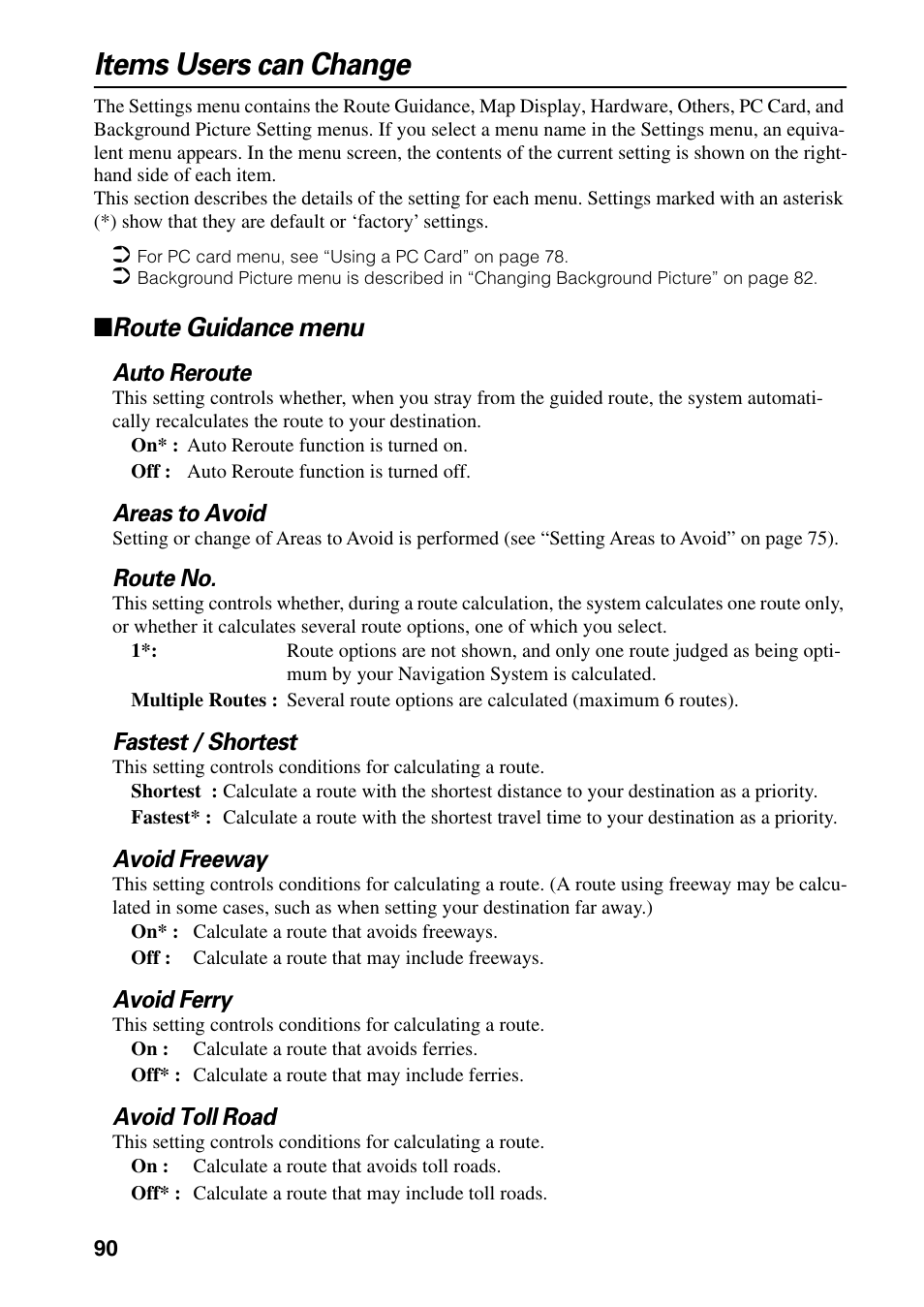 Items users can change, Route guidance menu | Pioneer DVD Navigation Unit AVIC-80DVD User Manual | Page 92 / 192