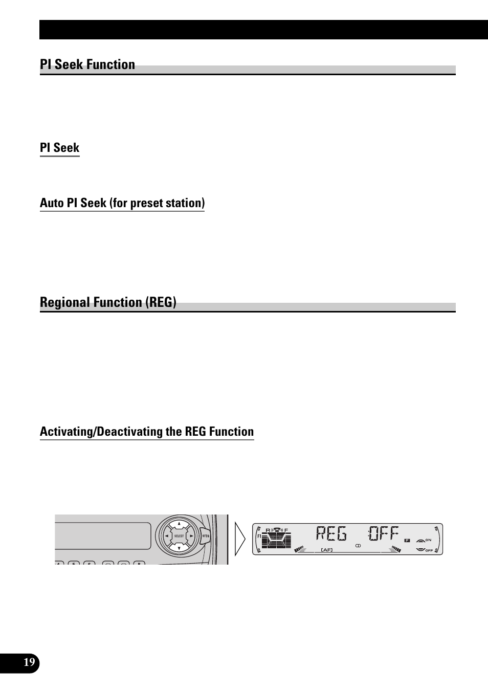 Pi seek function, Pi seek, Auto pi seek (for preset station) | Regional function (reg), Activating/deactivating the reg function, Ta function (ta), Activating/deactivating the ta function, Canceling traffic announcements, Adjusting the ta volume, Tp alarm function | Pioneer KEH-P6010RB User Manual | Page 20 / 104