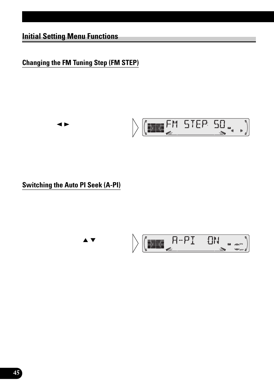 Initial setting menu functions, Changing the fm tuning step (fm step), Switching the auto pi seek (a-pi) | Setting the warning tone (warn), Switching the aux mode (aux), Setting the dimmer (dimmer), Setting the rear output (frt+rear), Initial setting | Pioneer KEH-P6010RB User Manual | Page 46 / 104