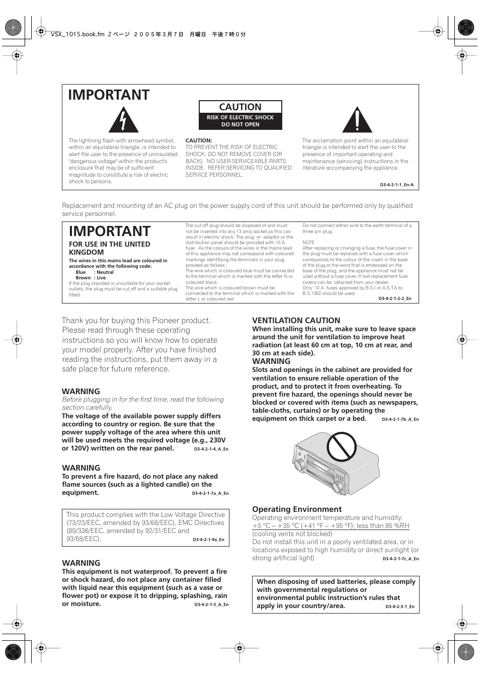 Important, Caution | Pioneer VSX-1015-K User Manual | Page 2 / 78