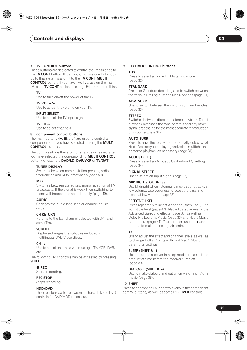 Controls and displays 04 | Pioneer VSX-1015-K User Manual | Page 29 / 78