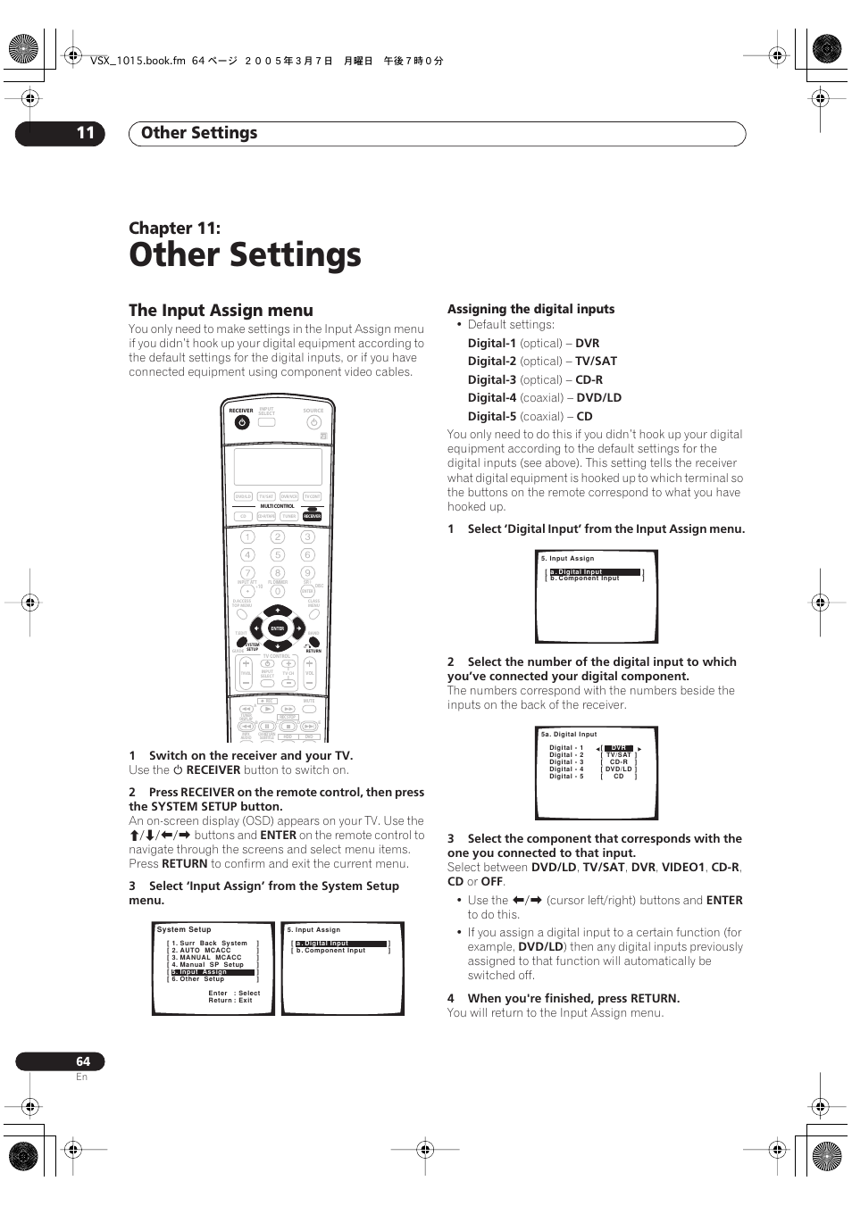 11 other settings, The input assign menu, Other settings | Other settings 11, Chapter 11 | Pioneer VSX-1015-K User Manual | Page 64 / 78