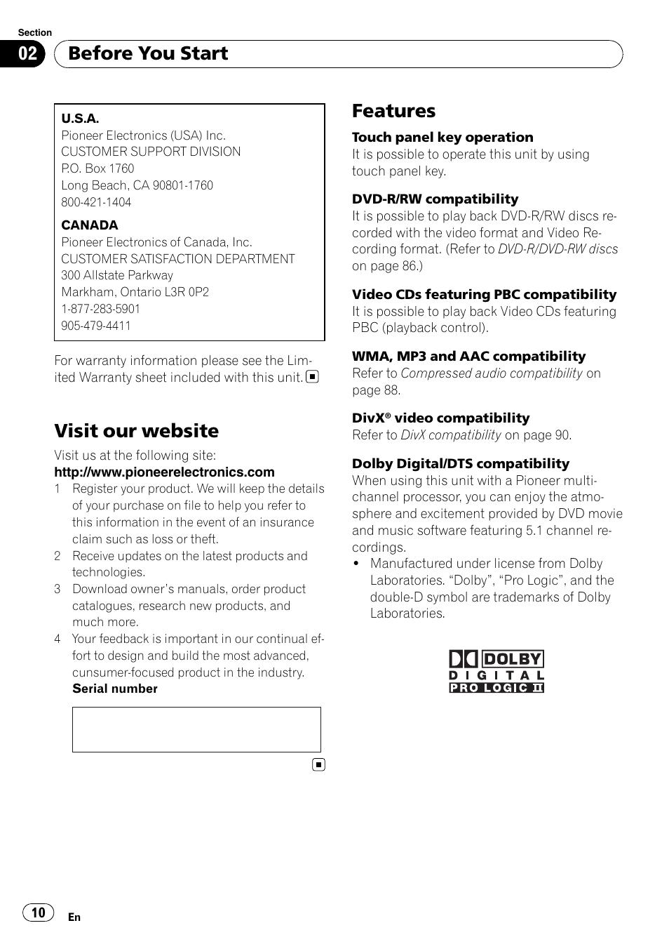 Visit our website, Features, Before you start | Pioneer DVD AV RECEIVER AVH-P4000DVD User Manual | Page 10 / 99