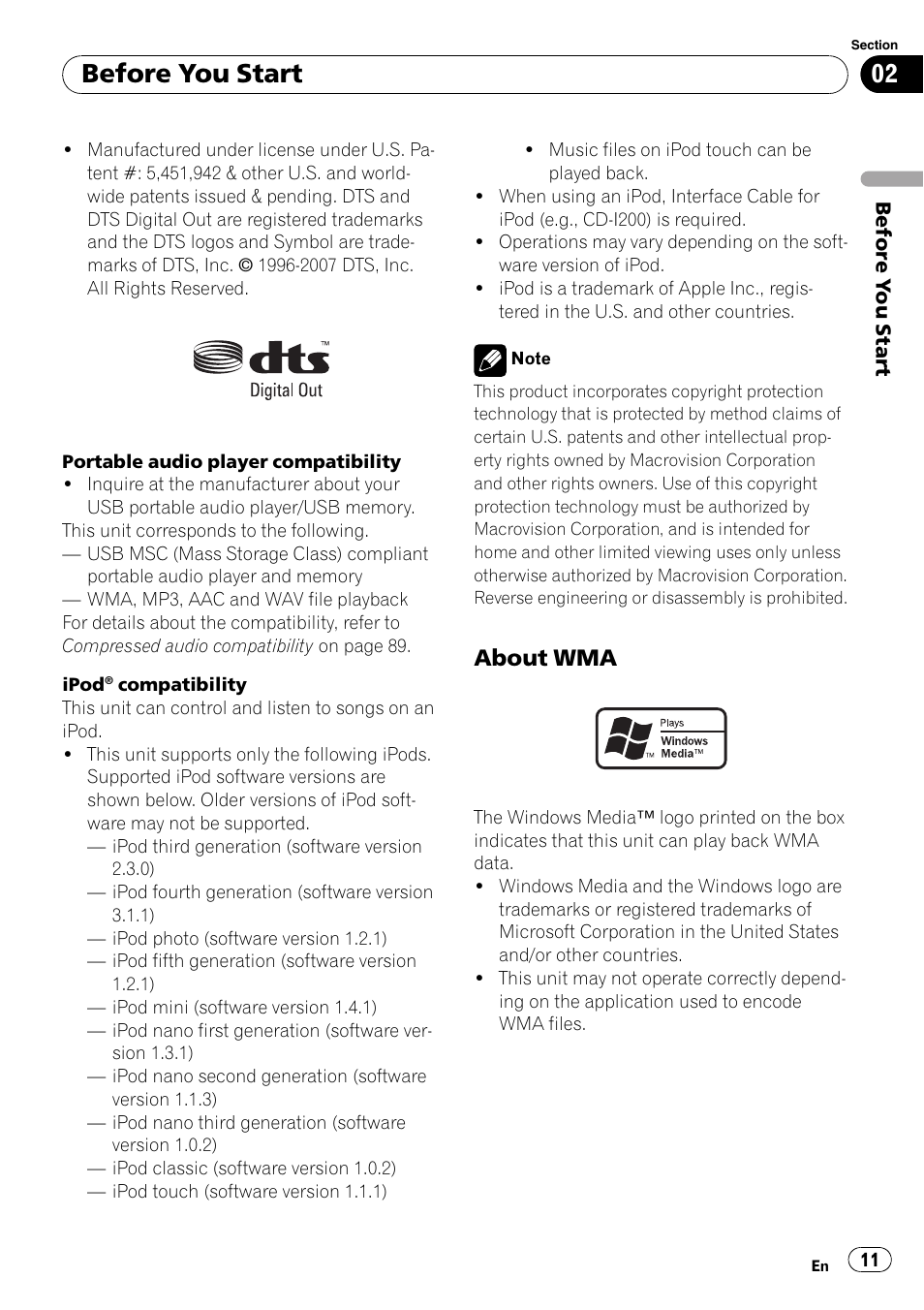 About wma 11, Before you start, About wma | Pioneer DVD AV RECEIVER AVH-P4000DVD User Manual | Page 11 / 99