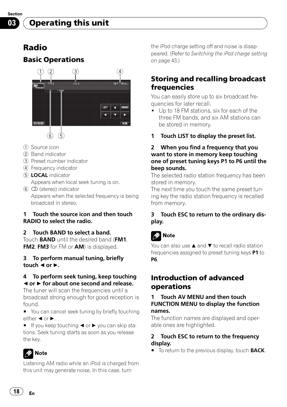Radio, Basic operations 18, Storing and recalling broadcast | Frequencies, Introduction of advanced, Operations, Operating this unit | Pioneer DVD AV RECEIVER AVH-P4000DVD User Manual | Page 18 / 99