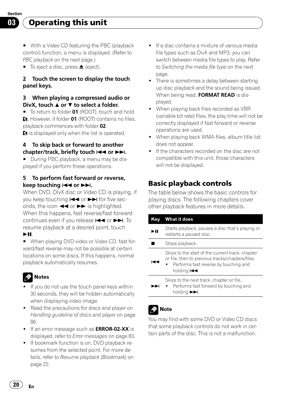 Basic playback controls 20, Operating this unit, Basic playback controls | Pioneer DVD AV RECEIVER AVH-P4000DVD User Manual | Page 20 / 99