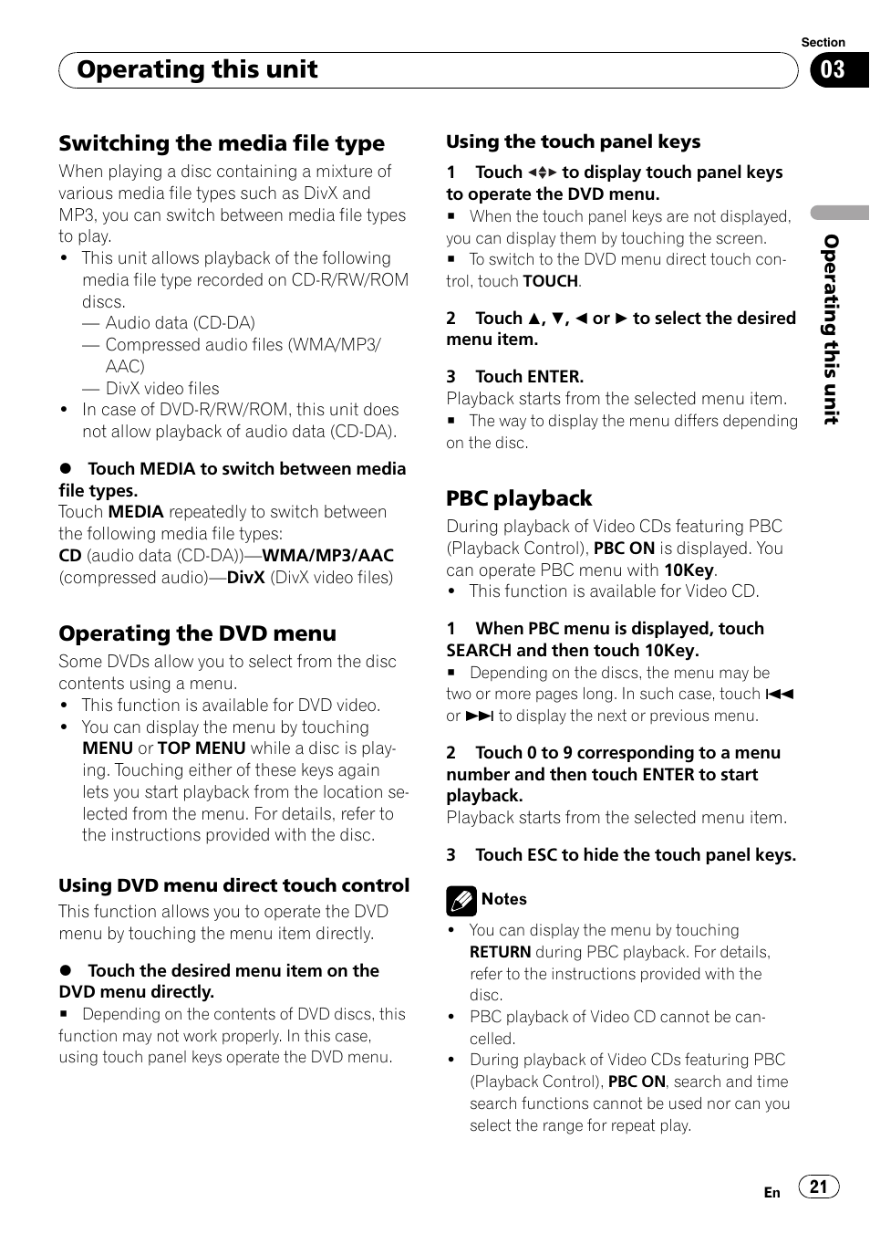 Switching the media file type 21, Operating the dvd menu 21, Pbc playback 21 | Operating this unit, Switching the media file type, Operating the dvd menu, Pbc playback | Pioneer DVD AV RECEIVER AVH-P4000DVD User Manual | Page 21 / 99