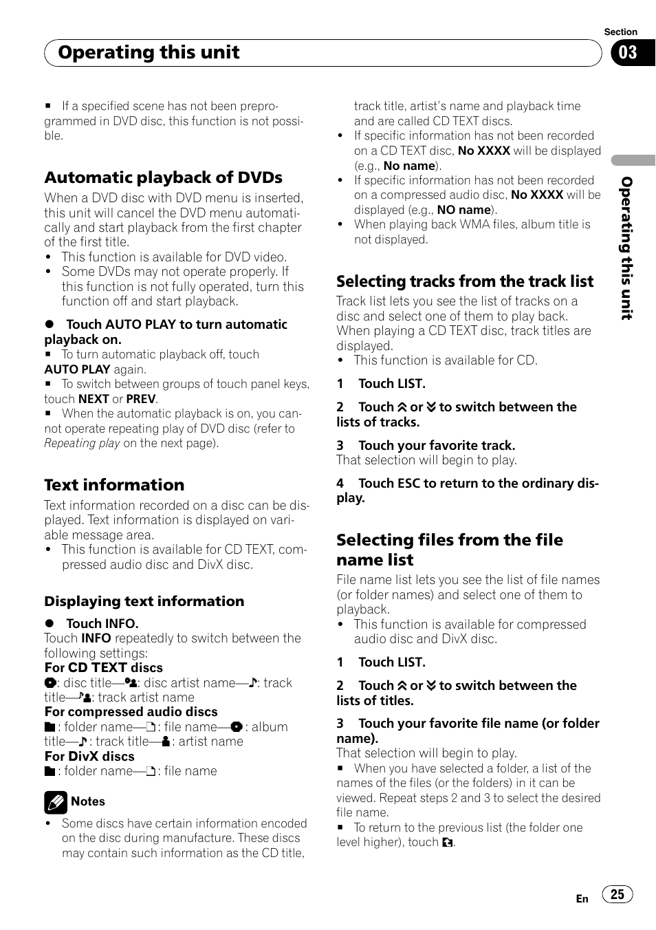 Automatic playback of dvds 25, Text information 25, Selecting tracks from the track list 25 | Selecting files from the file name, List, Operating this unit, Automatic playback of dvds, Text information, Selecting tracks from the track list, Selecting files from the file name list | Pioneer DVD AV RECEIVER AVH-P4000DVD User Manual | Page 25 / 99