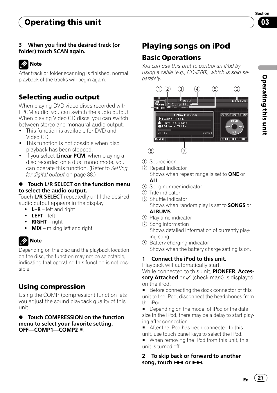 Selecting audio output 27, Using compression 27, Playing songs on ipod | Basic operations 27, Operating this unit | Pioneer DVD AV RECEIVER AVH-P4000DVD User Manual | Page 27 / 99