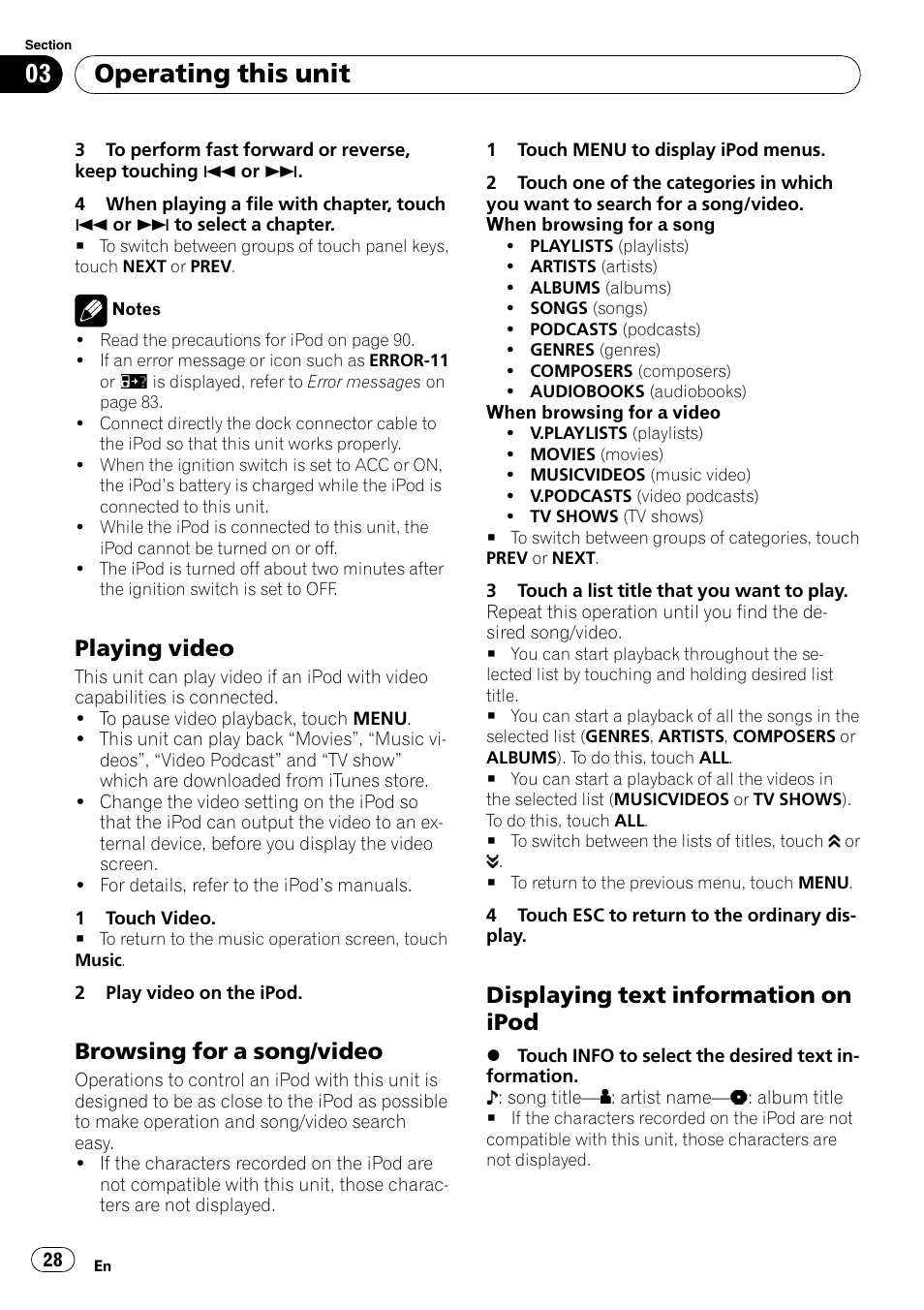 Playing video 28, Browsing for a song/video 28, Displaying text information on | Ipod, Operating this unit, Playing video, Browsing for a song/video, Displaying text information on ipod | Pioneer DVD AV RECEIVER AVH-P4000DVD User Manual | Page 28 / 99