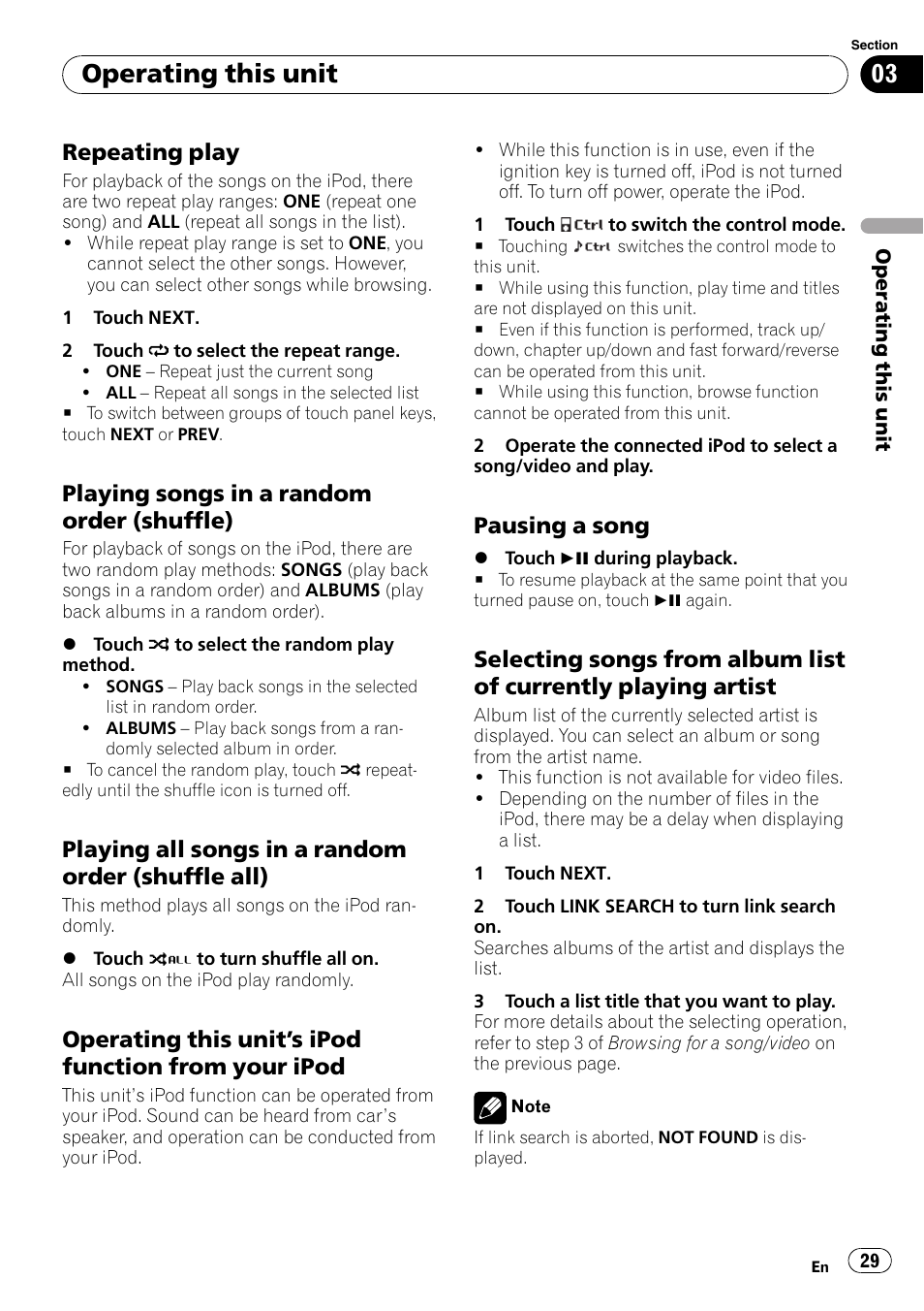 Repeating play 29, Playing songs in a random order, Shuffle) | Playing all songs in a random order, Shuffle all), Operating this unit’s ipod function, From your ipod, Pausing a song 29, Selecting songs from album list of, Currently playing artist | Pioneer DVD AV RECEIVER AVH-P4000DVD User Manual | Page 29 / 99
