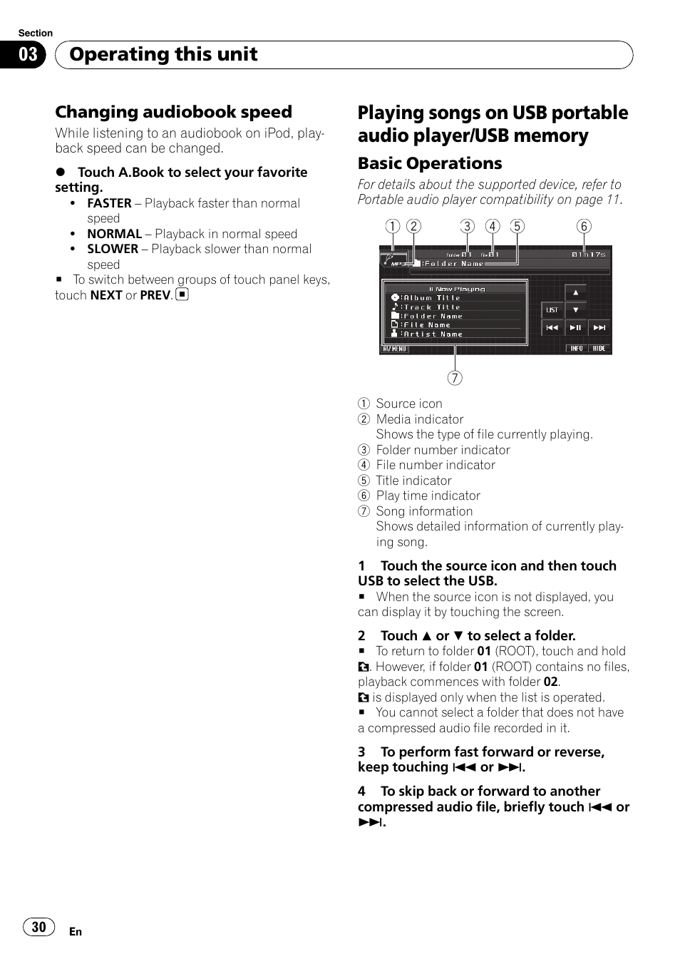 Changing audiobook speed 30, Playing songs on usb portable audio player, Usb memory | Basic operations 30, Operating this unit | Pioneer DVD AV RECEIVER AVH-P4000DVD User Manual | Page 30 / 99