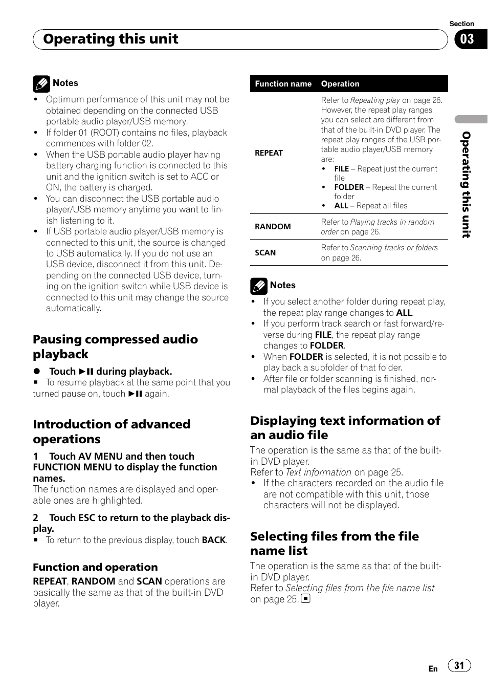 Pausing compressed audio, Playback, Introduction of advanced | Operations, Displaying text information of an audio, File, Selecting files from the file name, List, Operating this unit, Pausing compressed audio playback | Pioneer DVD AV RECEIVER AVH-P4000DVD User Manual | Page 31 / 99