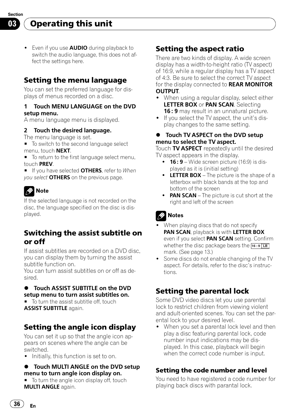 Setting the menu language 36, Switching the assist subtitle on or, Setting the angle icon display 36 | Setting the aspect ratio 36, Setting the parental lock 36, Operating this unit, Setting the menu language, Switching the assist subtitle on or off, Setting the angle icon display, Setting the aspect ratio | Pioneer DVD AV RECEIVER AVH-P4000DVD User Manual | Page 36 / 99