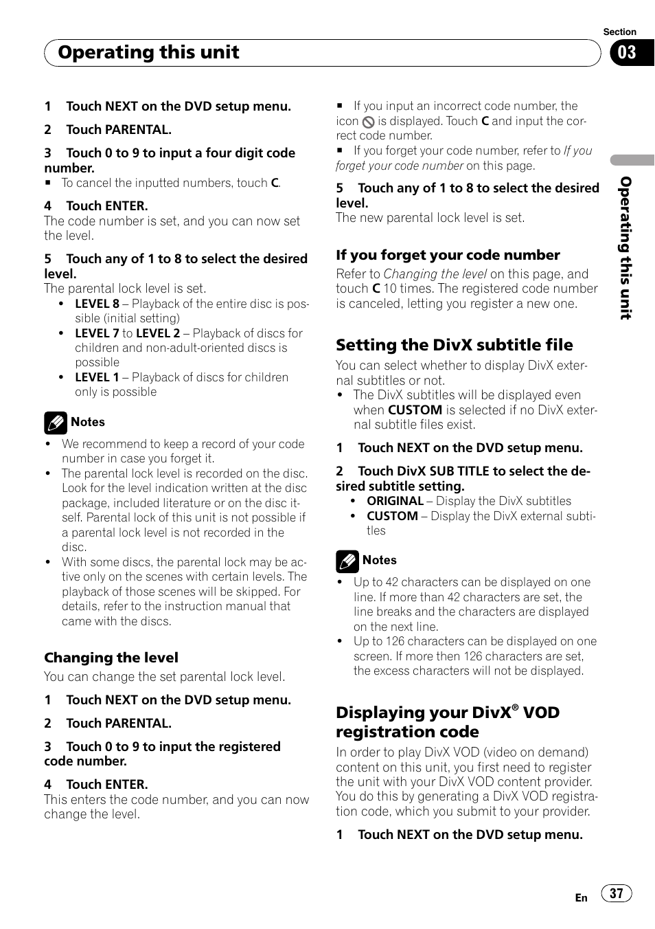 Setting the divx subtitle file 37, Displaying your divx® vod, Registration code | Operating this unit, Setting the divx subtitle file, Displaying your divx, Vod registration code | Pioneer DVD AV RECEIVER AVH-P4000DVD User Manual | Page 37 / 99
