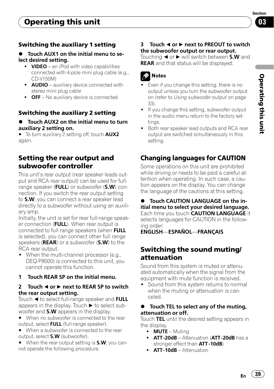 Setting the rear output and subwoofer, Controller, Changing languages for caution 39 | Switching the sound muting, Attenuation, Operating this unit, Setting the rear output and subwoofer controller, Changing languages for caution, Switching the sound muting/ attenuation | Pioneer DVD AV RECEIVER AVH-P4000DVD User Manual | Page 39 / 99