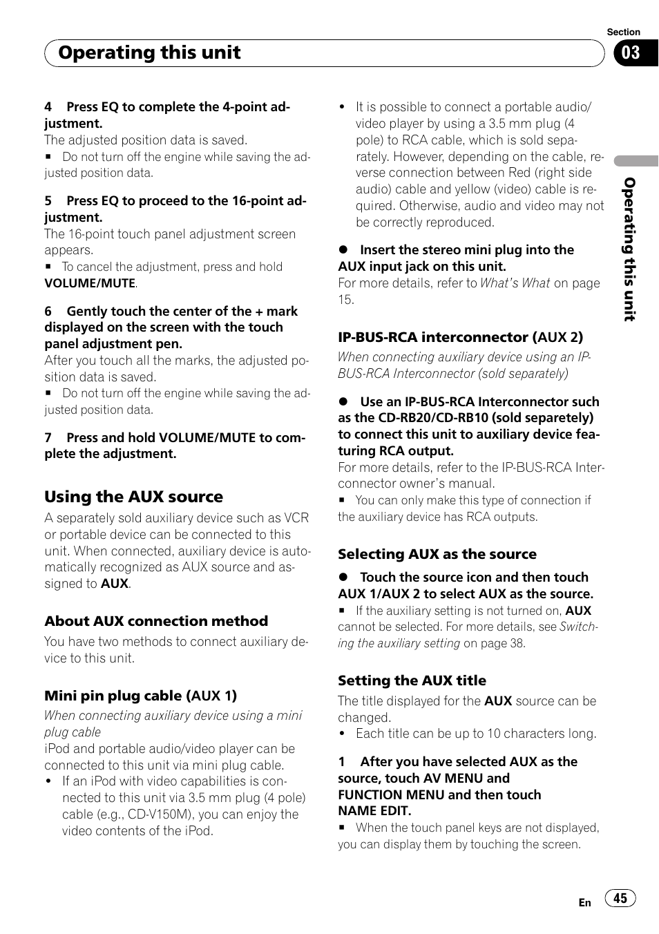 Using the aux source 45, Operating this unit, Using the aux source | Pioneer DVD AV RECEIVER AVH-P4000DVD User Manual | Page 45 / 99