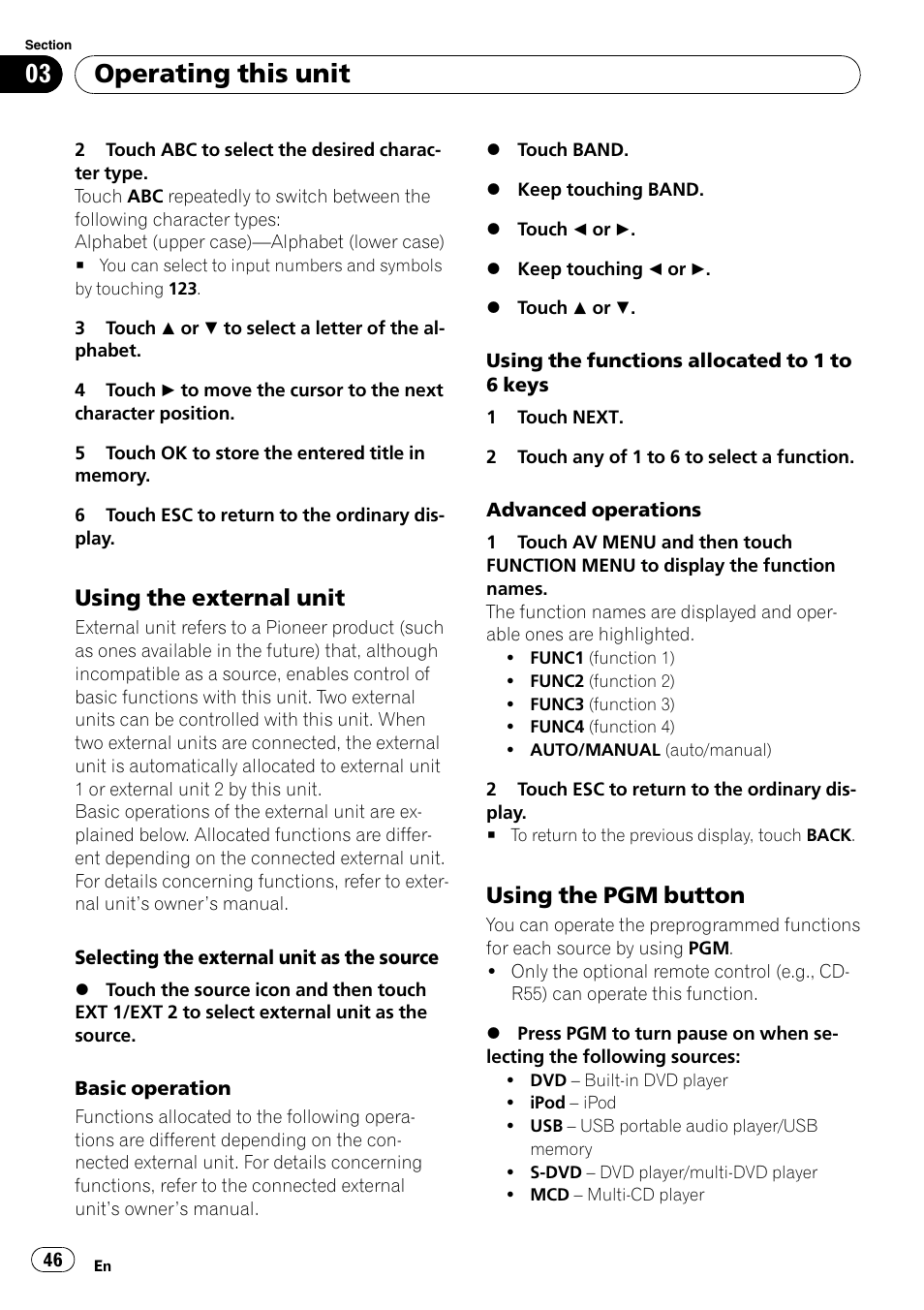 Using the external unit 46, Using the pgm button 46, Operating this unit | Using the external unit, Using the pgm button | Pioneer DVD AV RECEIVER AVH-P4000DVD User Manual | Page 46 / 99