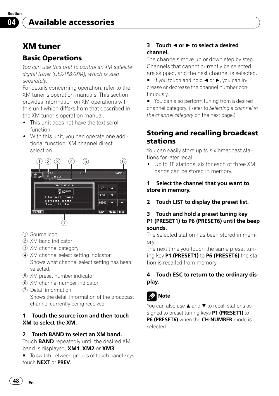 Available accessories xm tuner, Basic operations 48, Storing and recalling broadcast | Stations, Xm tuner, Available accessories | Pioneer DVD AV RECEIVER AVH-P4000DVD User Manual | Page 48 / 99