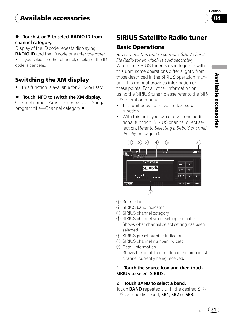 Switching the xm display 51, Sirius satellite radio tuner, Basic operations 51 | Available accessories | Pioneer DVD AV RECEIVER AVH-P4000DVD User Manual | Page 51 / 99