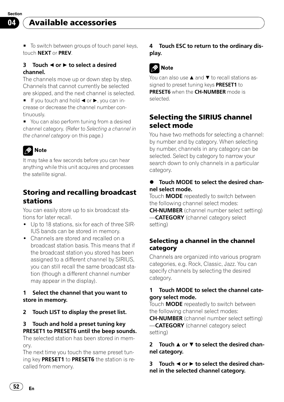 Storing and recalling broadcast, Stations, Selecting the sirius channel select | Mode, Available accessories, Storing and recalling broadcast stations, Selecting the sirius channel select mode | Pioneer DVD AV RECEIVER AVH-P4000DVD User Manual | Page 52 / 99