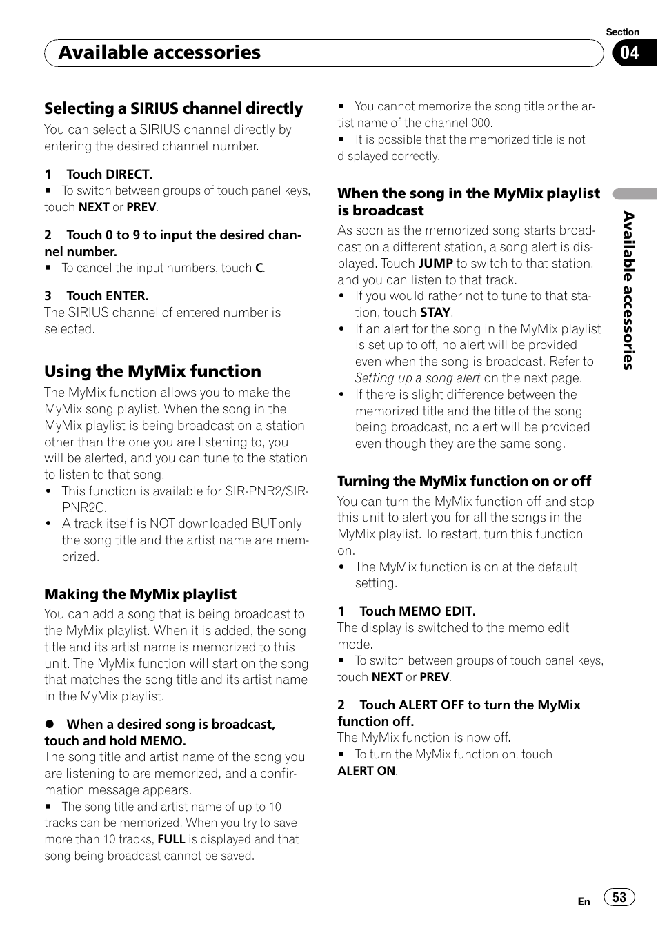 Selecting a sirius channel, Directly, Using the mymix function 53 | Available accessories, Selecting a sirius channel directly, Using the mymix function | Pioneer DVD AV RECEIVER AVH-P4000DVD User Manual | Page 53 / 99