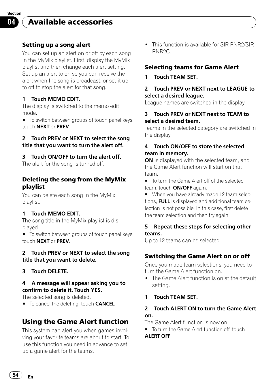 Using the game alert function 54, Available accessories, Using the game alert function | Pioneer DVD AV RECEIVER AVH-P4000DVD User Manual | Page 54 / 99