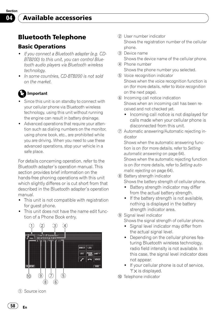 Bluetooth telephone, Basic operations 58, Available accessories | Pioneer DVD AV RECEIVER AVH-P4000DVD User Manual | Page 58 / 99