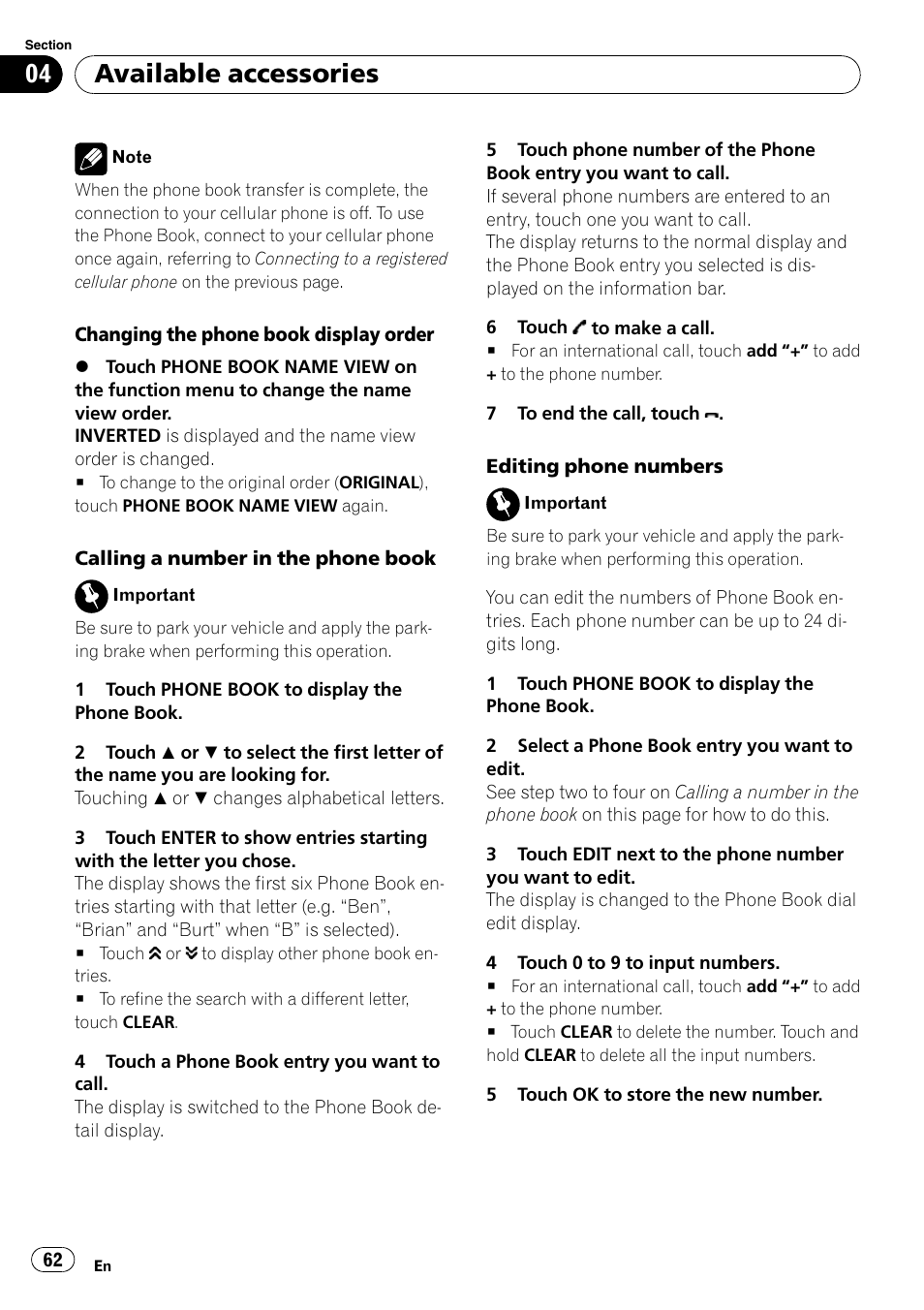 Available accessories | Pioneer DVD AV RECEIVER AVH-P4000DVD User Manual | Page 62 / 99