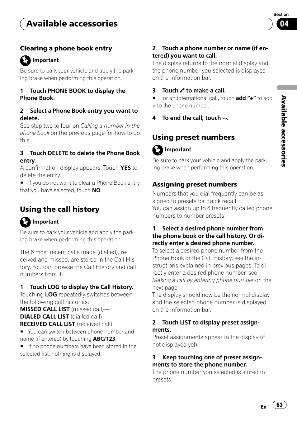 Using the call history 63, Using preset numbers 63, Available accessories | Using the call history, Using preset numbers | Pioneer DVD AV RECEIVER AVH-P4000DVD User Manual | Page 63 / 99