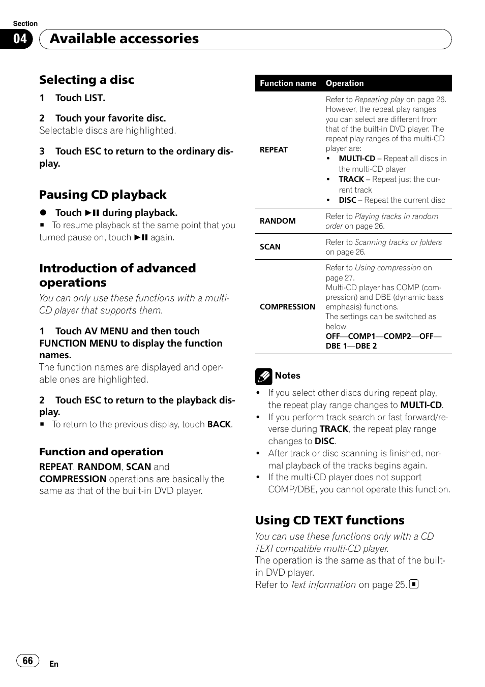 Selecting a disc 66, Pausing cd playback 66, Introduction of advanced | Operations, Using cd text functions 66, Available accessories, Selecting a disc, Pausing cd playback, Introduction of advanced operations, Using cd text functions | Pioneer DVD AV RECEIVER AVH-P4000DVD User Manual | Page 66 / 99