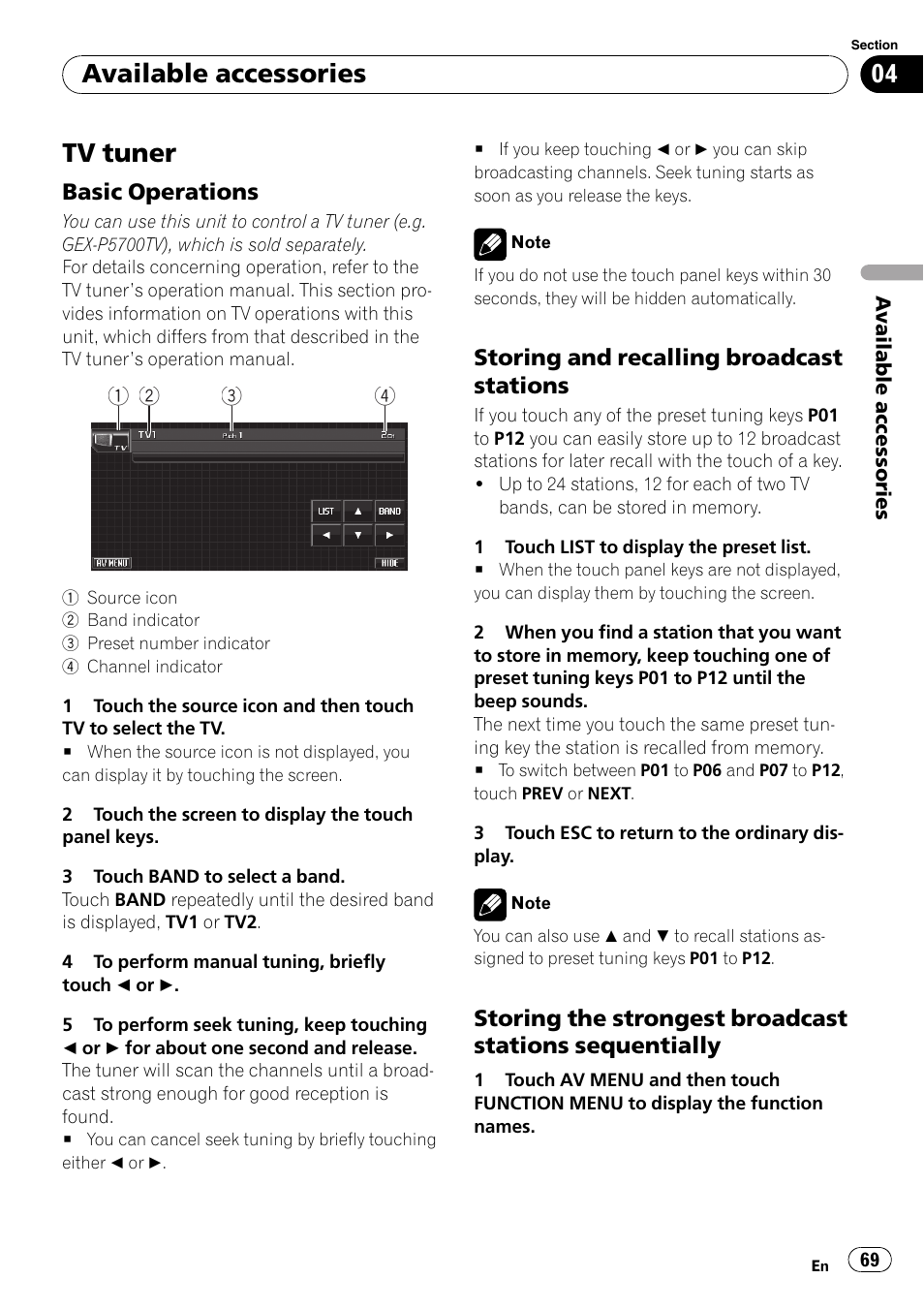 Tv tuner, Basic operations 69, Storing and recalling broadcast | Stations, Storing the strongest broadcast, Stations sequentially, Available accessories | Pioneer DVD AV RECEIVER AVH-P4000DVD User Manual | Page 69 / 99
