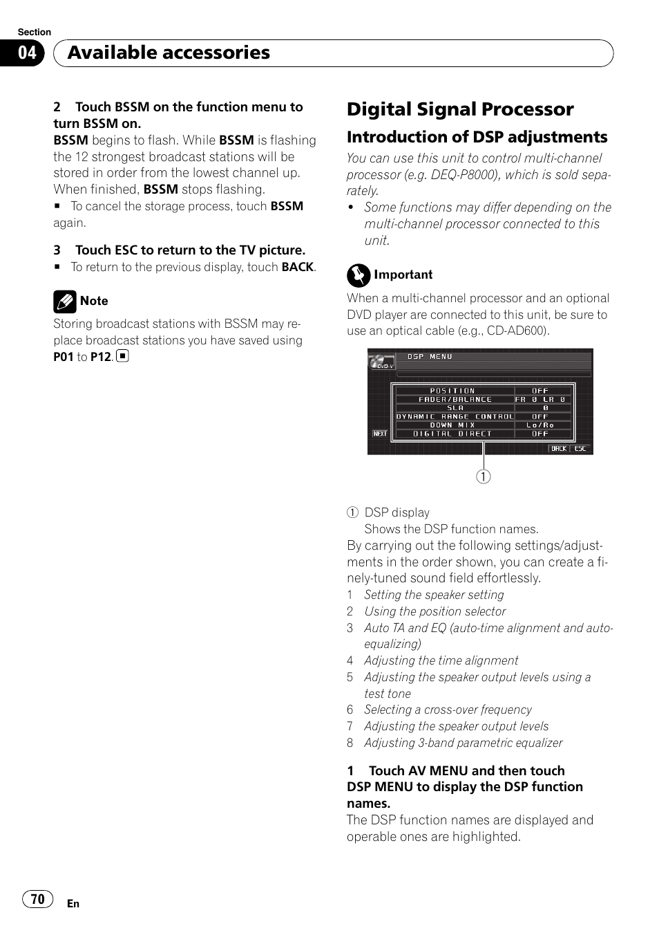 Digital signal processor, Introduction of dsp adjustments 70, Available accessories | Introduction of dsp adjustments | Pioneer DVD AV RECEIVER AVH-P4000DVD User Manual | Page 70 / 99