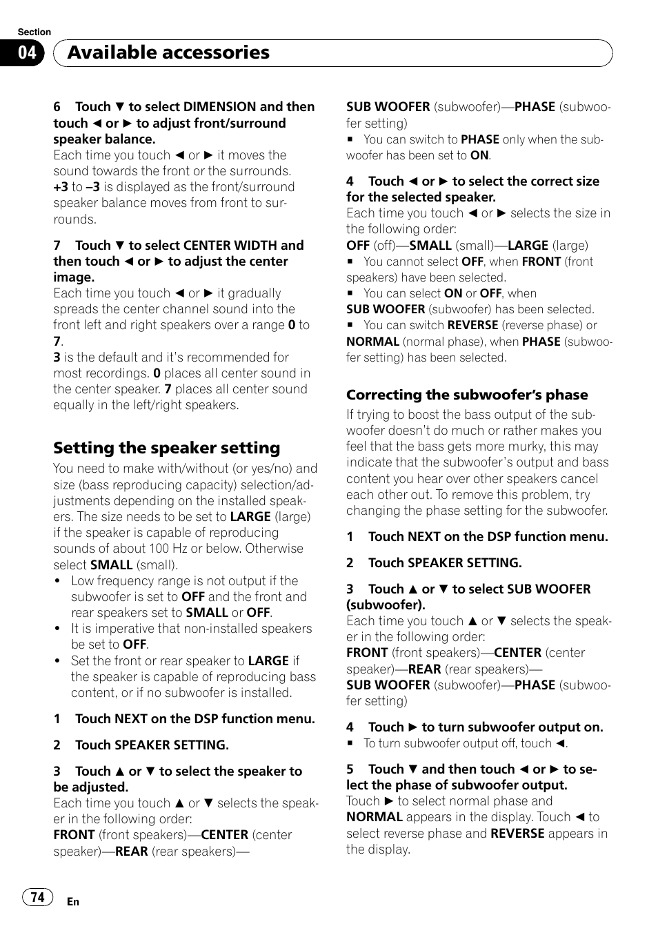 Setting the speaker setting 74, Setting the speaker setting, Available accessories | Pioneer DVD AV RECEIVER AVH-P4000DVD User Manual | Page 74 / 99