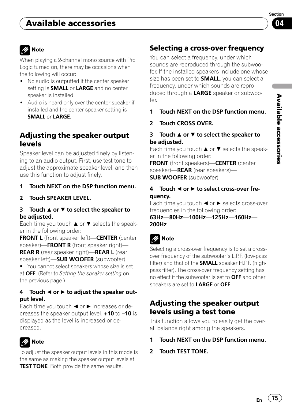 Adjusting the speaker output, Levels, Selecting a cross-over frequency 75 | Adjusting the speaker output levels, Using a test tone, Selecting a cross-over frequency, Available accessories | Pioneer DVD AV RECEIVER AVH-P4000DVD User Manual | Page 75 / 99