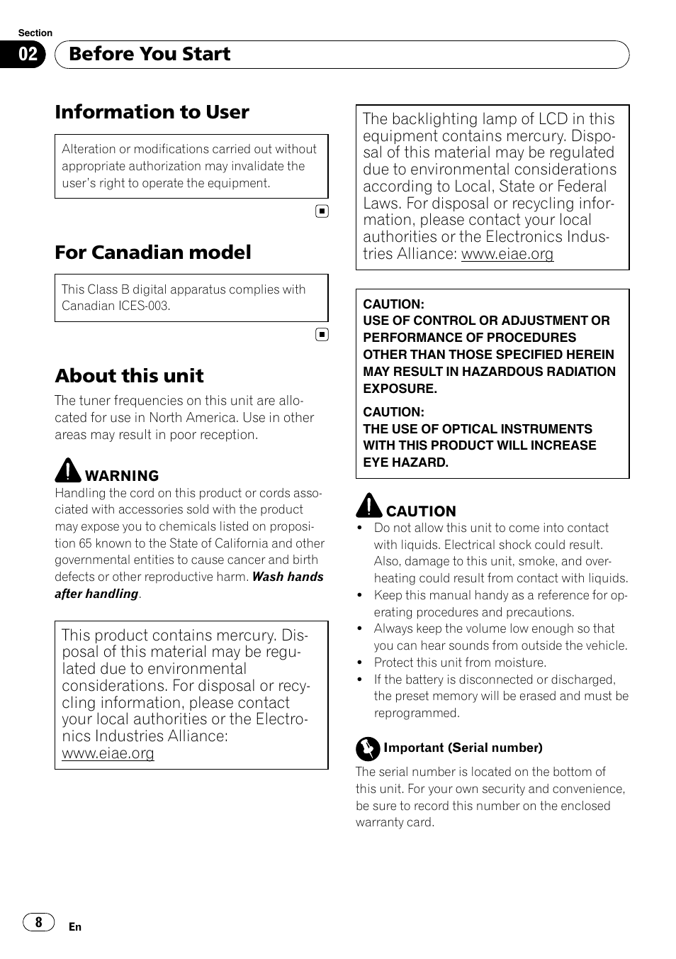 Before you start information to user, For canadian model, About this unit | Information to user, Before you start | Pioneer DVD AV RECEIVER AVH-P4000DVD User Manual | Page 8 / 99