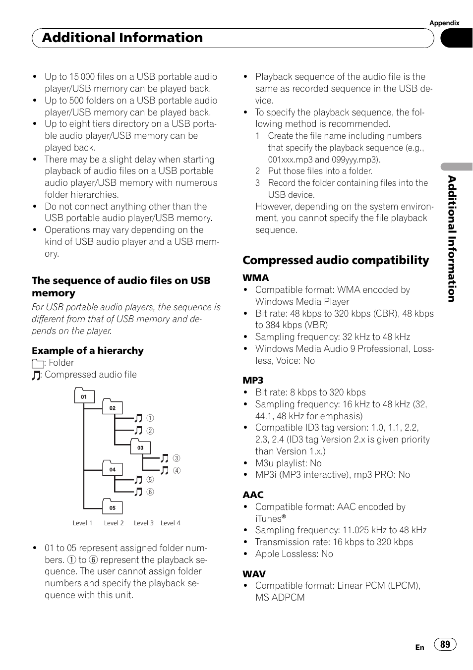 Compressed audio compatibility 89, Additional information, Compressed audio compatibility | Pioneer DVD AV RECEIVER AVH-P4000DVD User Manual | Page 89 / 99