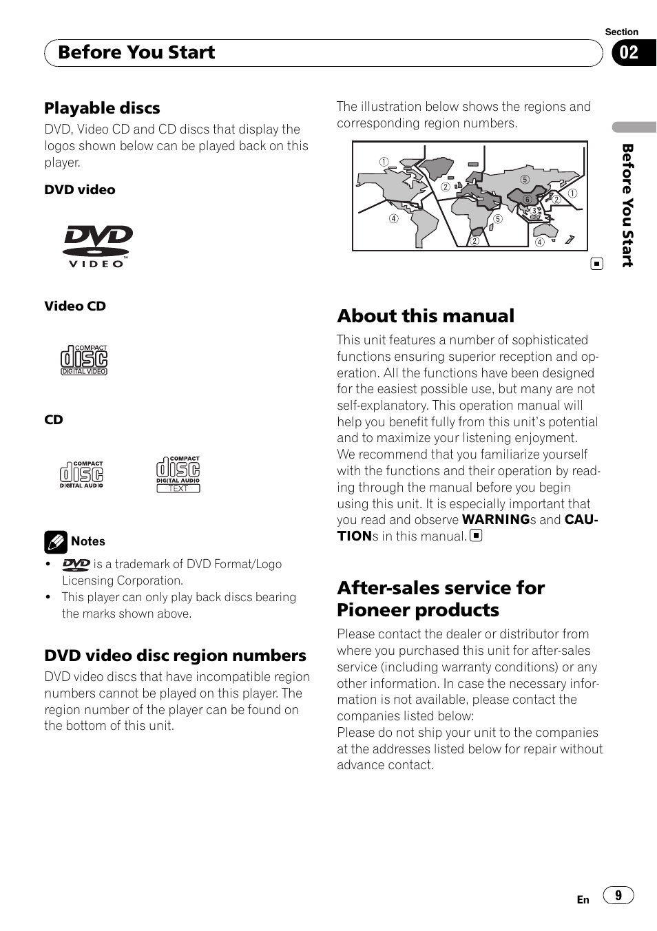 Playable discs 9, Dvd video disc region numbers 9, About this manual | After-sales service for pioneer products, Before you start | Pioneer DVD AV RECEIVER AVH-P4000DVD User Manual | Page 9 / 99