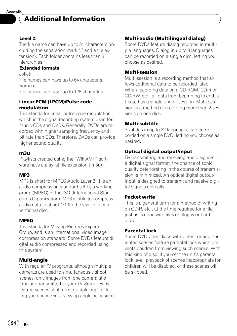 Additional information | Pioneer DVD AV RECEIVER AVH-P4000DVD User Manual | Page 94 / 99