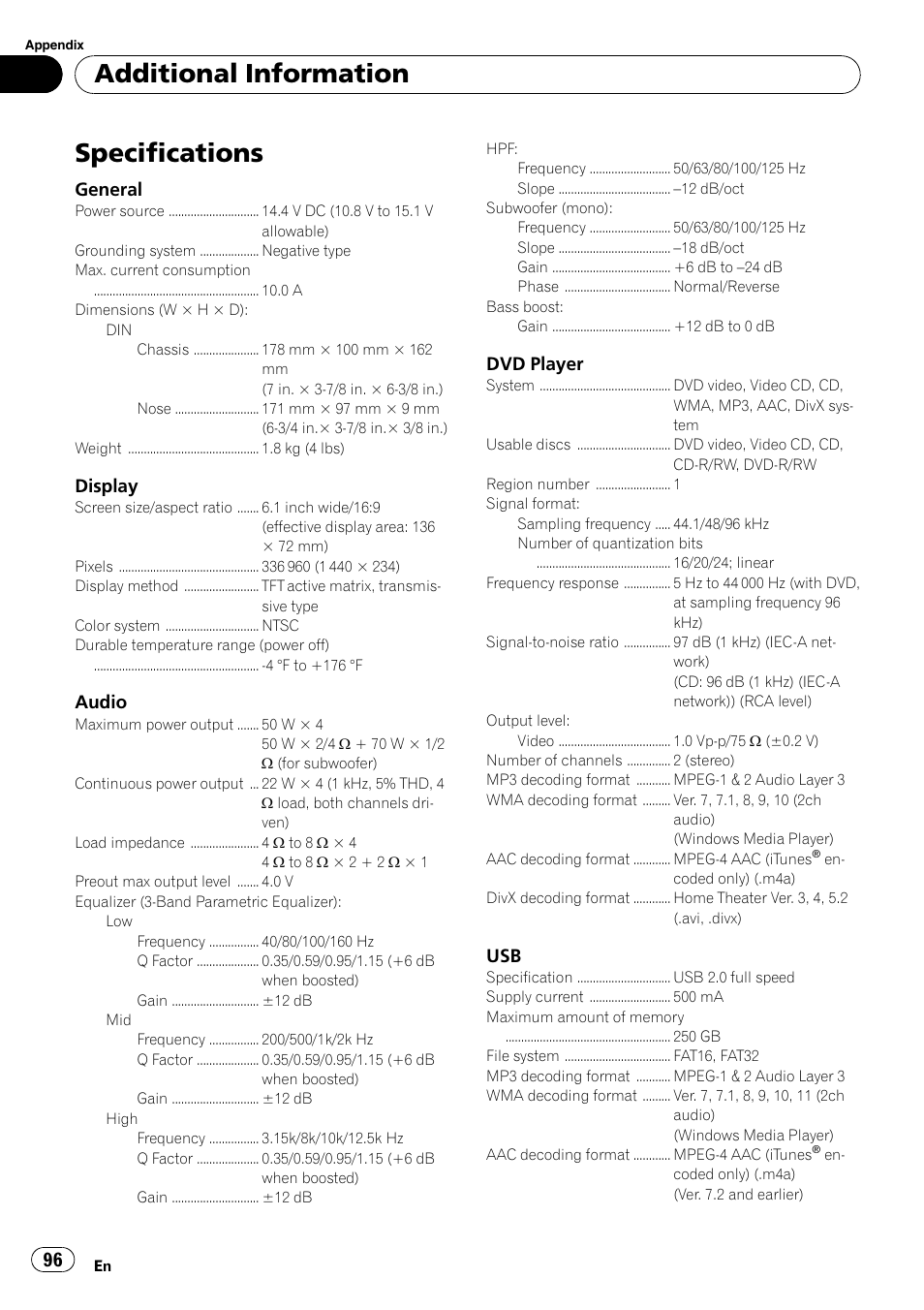 Specifications, Additional information, General | Display, Audio, Dvd player | Pioneer DVD AV RECEIVER AVH-P4000DVD User Manual | Page 96 / 99