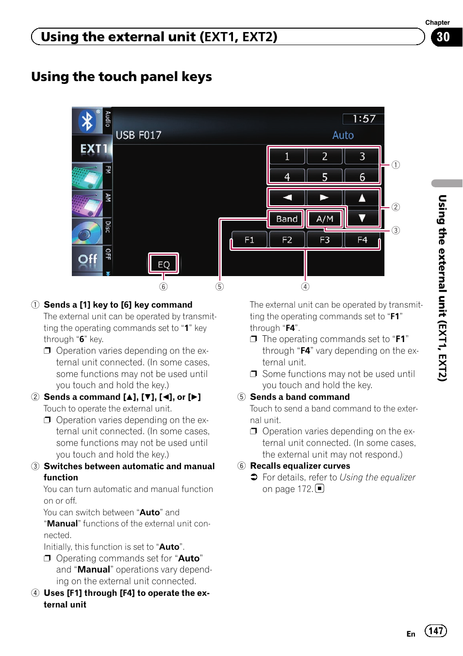 Using the touch panel keys, Using the touch panel, Using the external unit (ext1, ext2) | Pioneer AVIC-Z120BT User Manual | Page 147 / 228