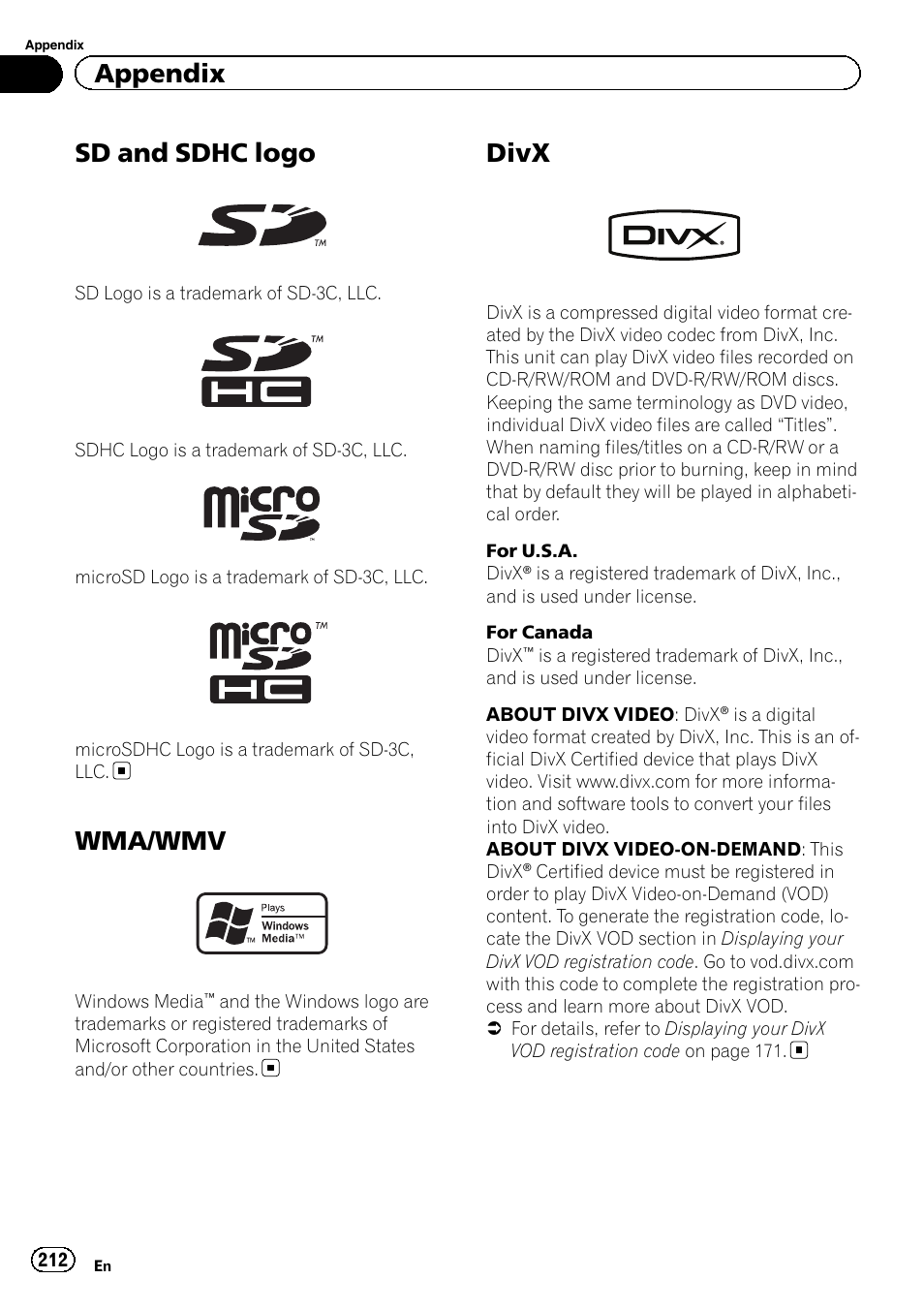 Sd and sdhc logo, Wma/wmv, Divx | Appendix | Pioneer AVIC-Z120BT User Manual | Page 212 / 228