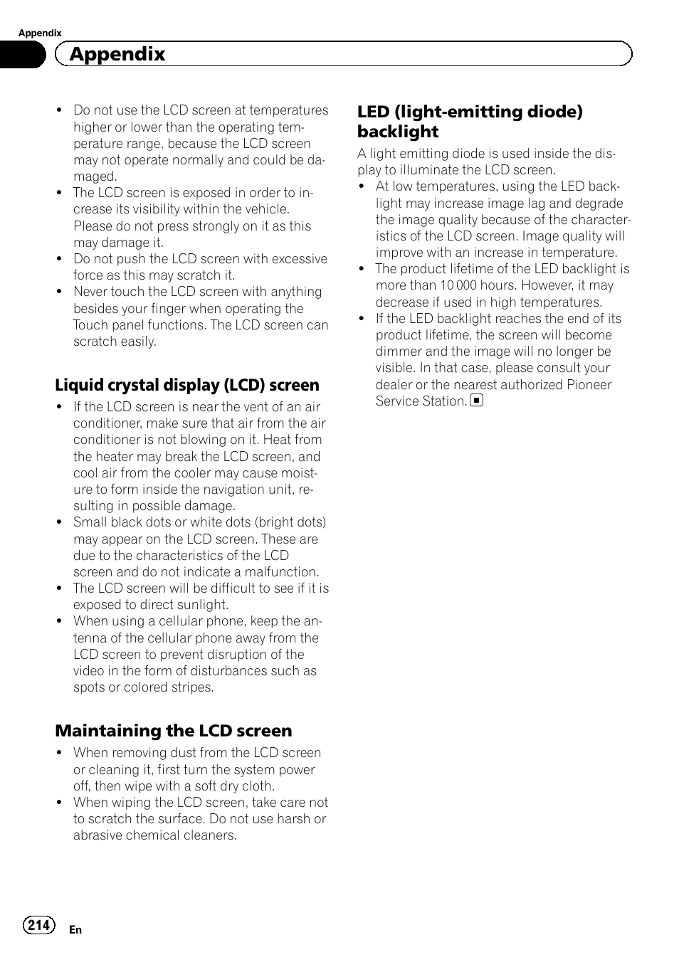 Liquid crystal display (lcd), Screen, Maintaining the lcd screen 214 | Led (light-emitting diode), Backlight, Appendix, Liquid crystal display (lcd) screen, Maintaining the lcd screen, Led (light-emitting diode) backlight | Pioneer AVIC-Z120BT User Manual | Page 214 / 228